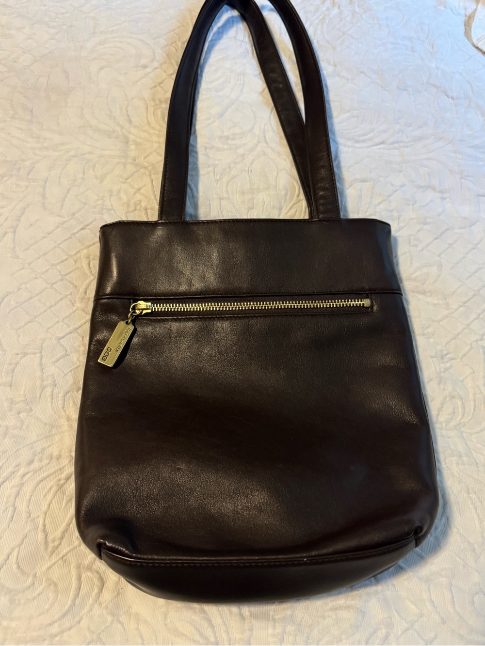 Ralph Lauren Brown Leather Shoulder Bag Tote Gold Hardware Zip Pocket